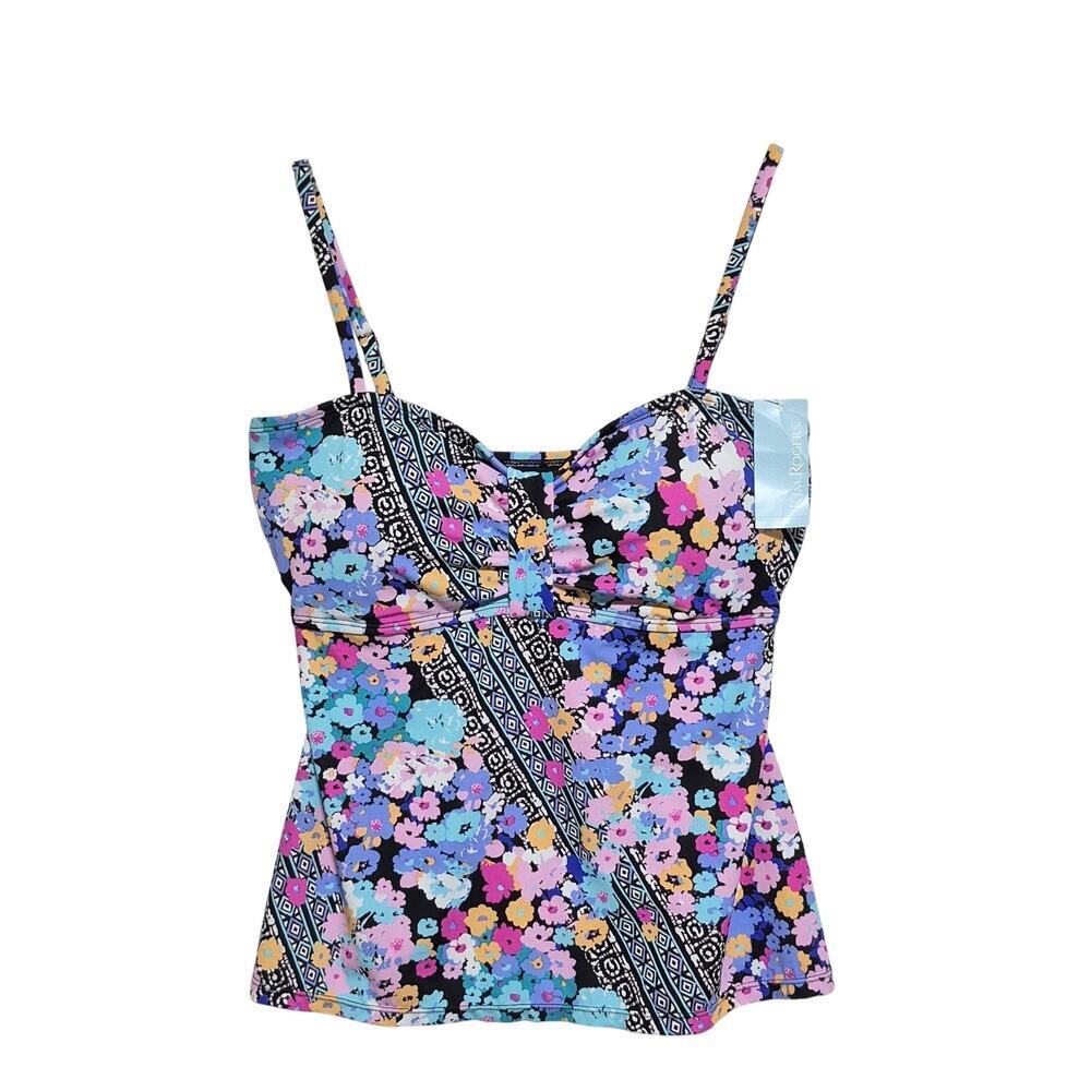 Kim Rogers Tankini Top Colorful Floral Black Size XL Tropical Beach Vacation NEW